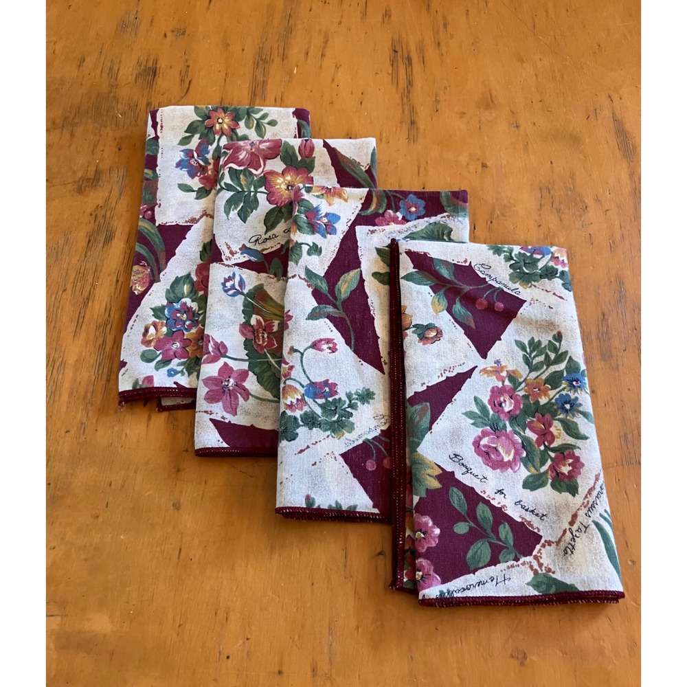 Floral Cloth Napkins Set of 4 Burgundy Botanical Floral Garden Print
